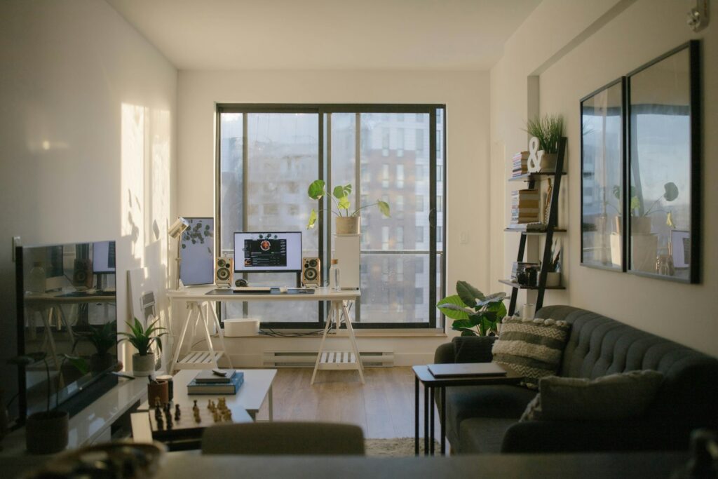 Living room with workspace in a rental home