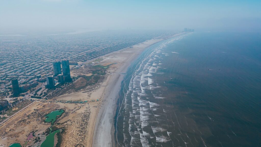 Aerial view of Karachi coastline and city